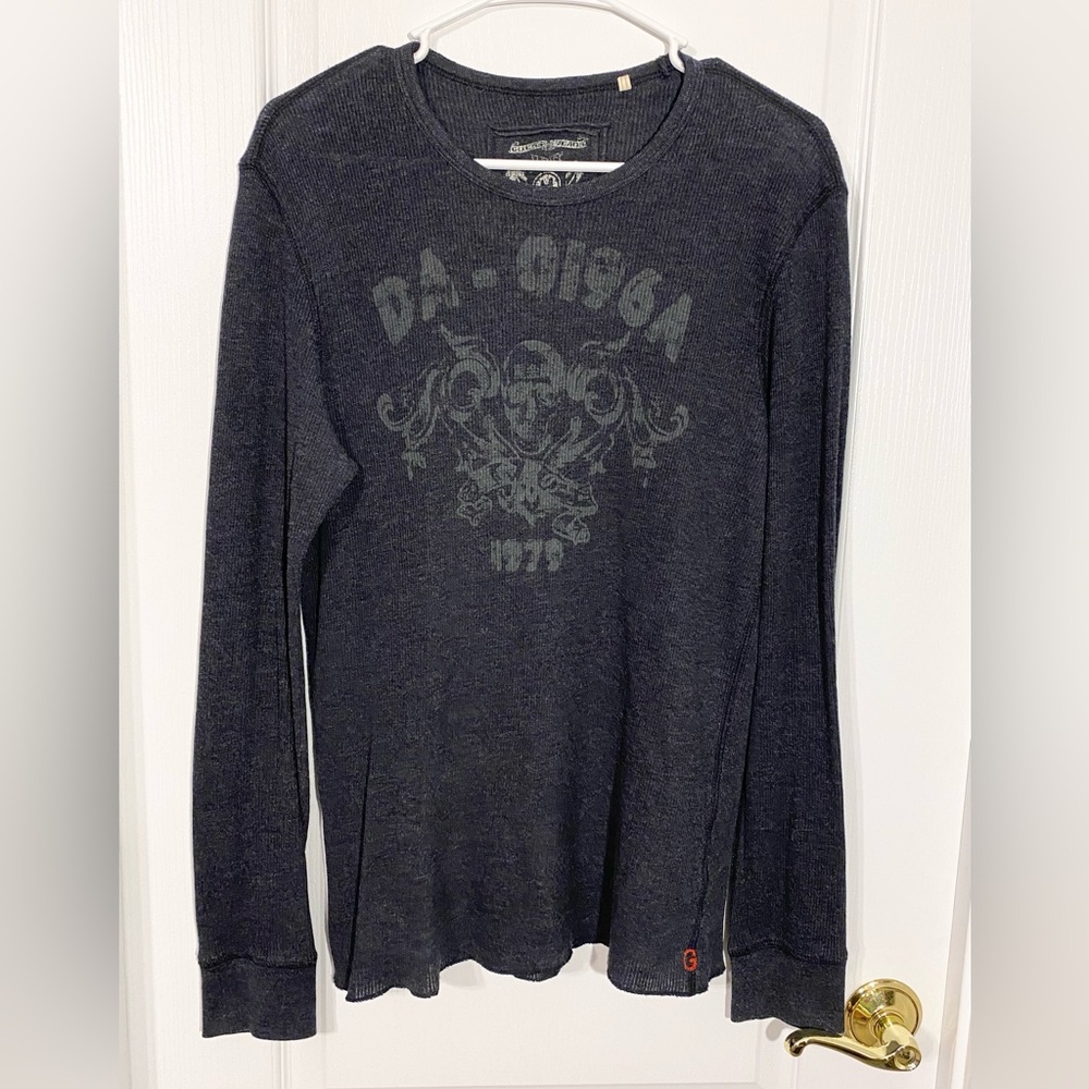 Y2K Guess Skull Graphic Thermal Waffle Knit Long Sleeve Tee Gray Men’s Medium